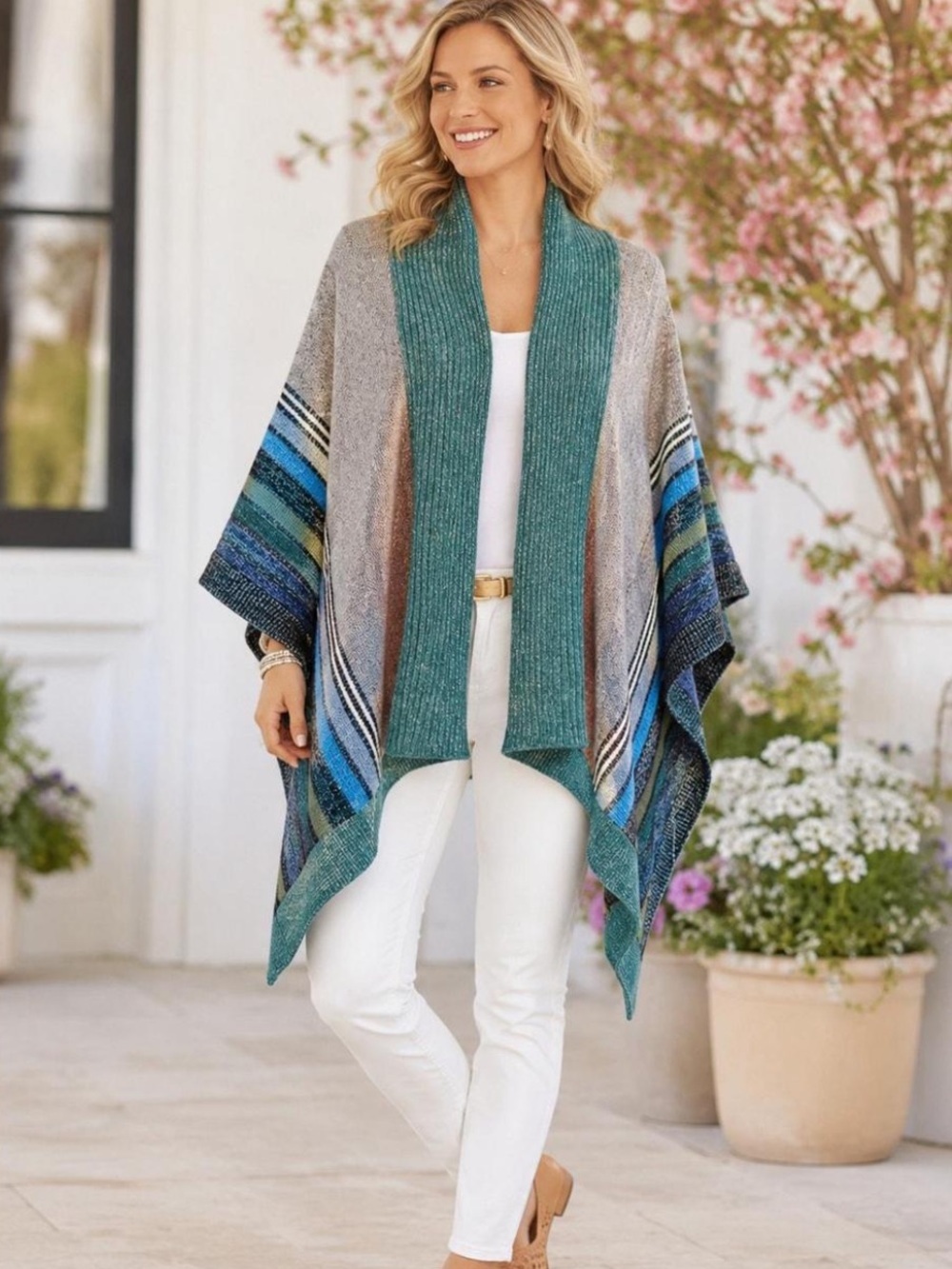 Cabi #3846 M/L Winchill Wrap Shrug Wrap Poncho Blue Green Stripe